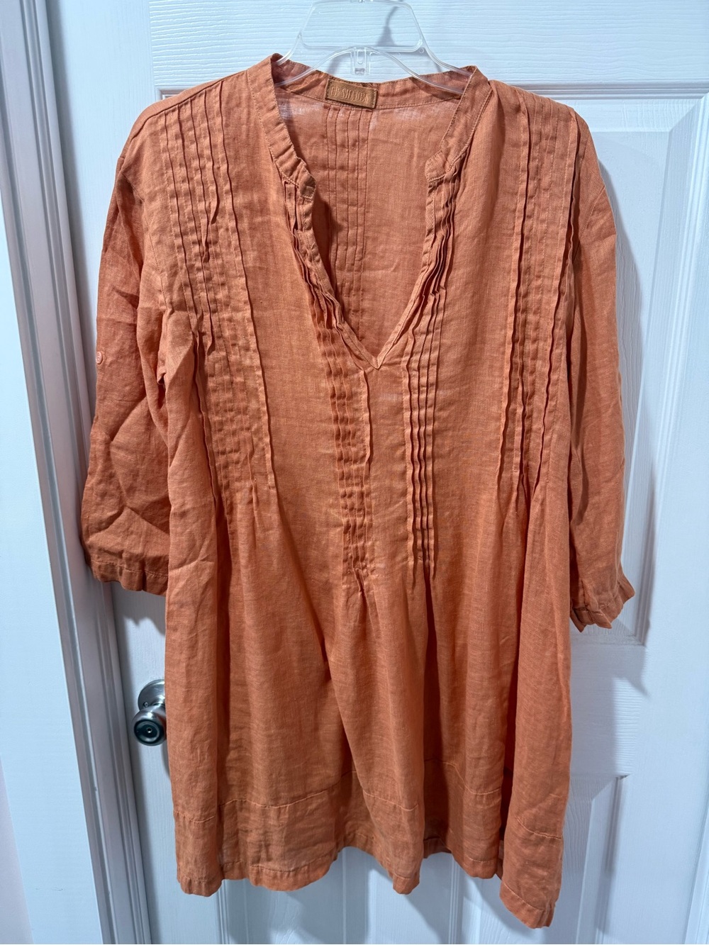 CP Shades 100% linen Pintuck Split-Neck dress in Terracotta Orange